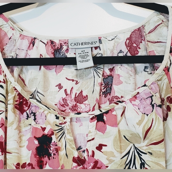 Catherine's Linen & Cotton Tunic Size 2X  22/24W Ivory Green Pink Flowers - Picture 4 of 14